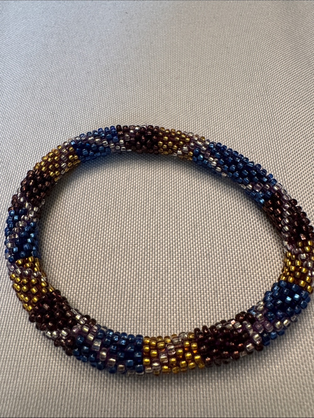 Handcrafted Blue, Gold & Brown Seed Bead Rope Bracelet